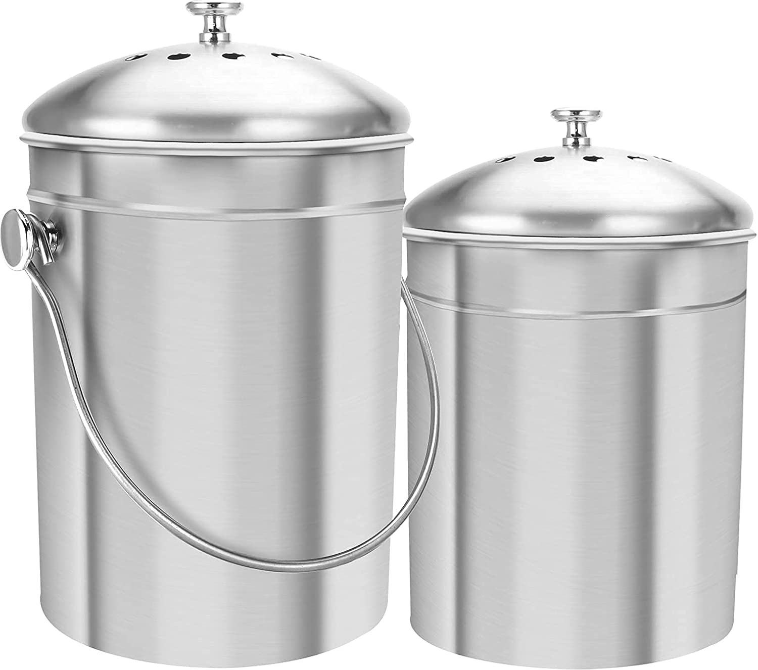 Golden HomeKitchen Set of 2 Stainless Steel Compost Bins for Kitchen Countertop - 1 and 1.3 Gallon Compost Bucket Set with Lids