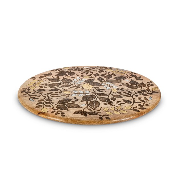 Gg Collection Mango Wood With Laser And Metal Inlay Leaf Design Lazy Susan