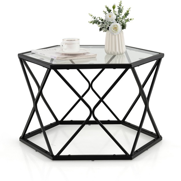 Costway Coffee Table Geometric Glass Modern W tempered Glass Top amp Metal Legsliving Roo