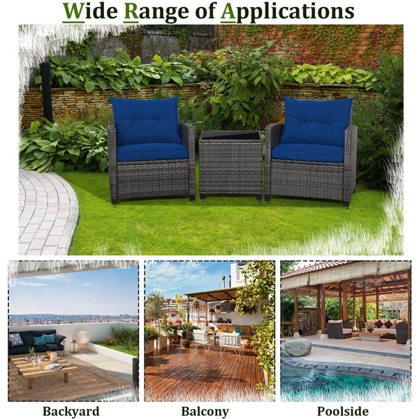 3Piece Outdoor Wicker Patio Furniture Set with Tempered Glass Coffee Table