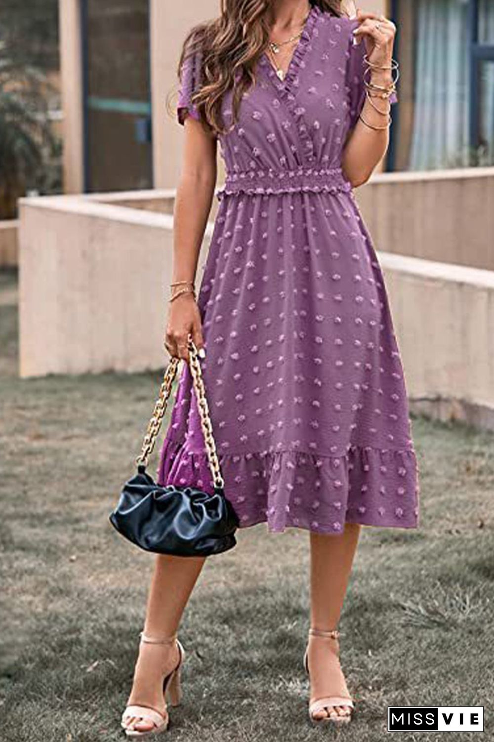 Plain Jacquard Spot V Neck Frilled Midi Dress