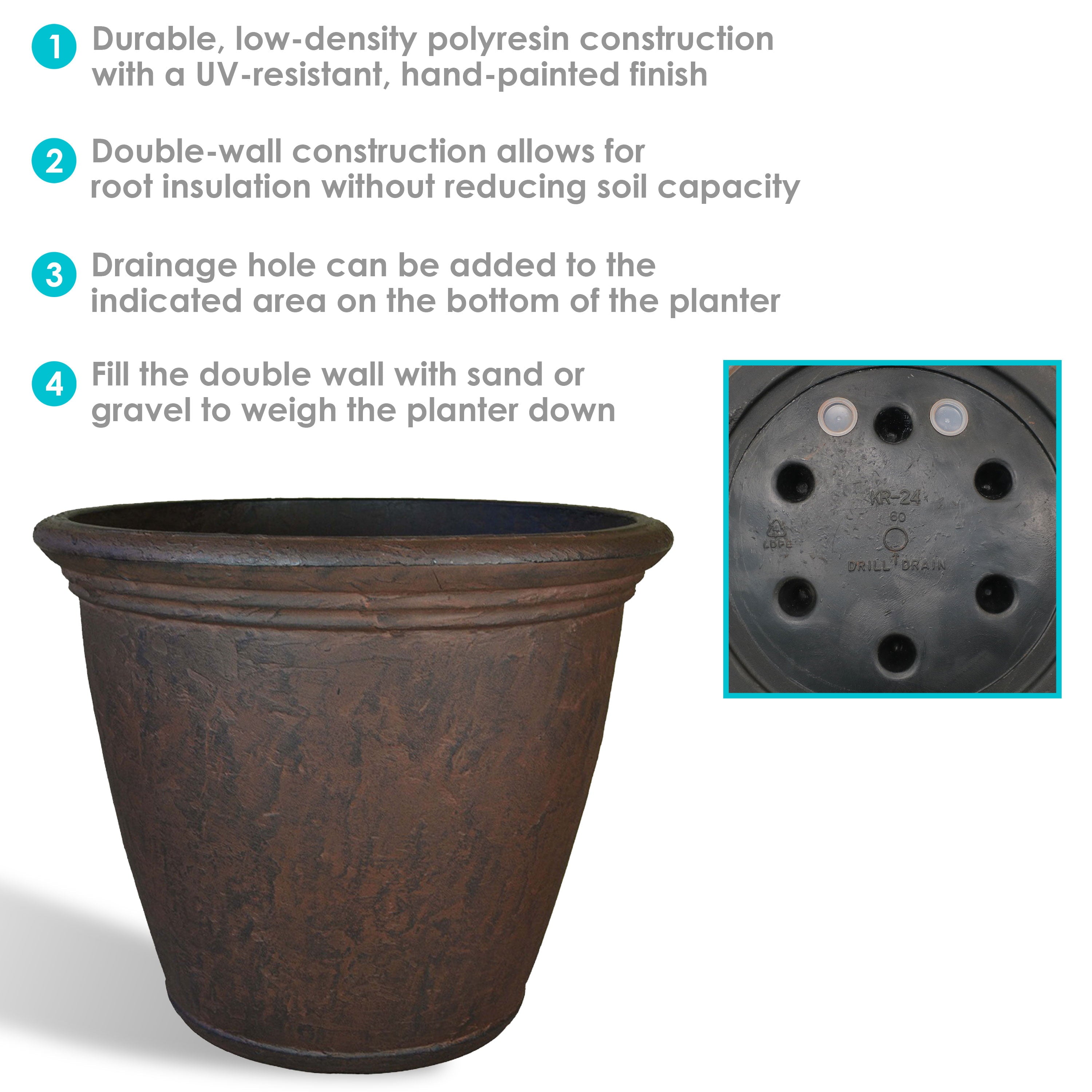 Sunnydaze Indoor/Outdoor Patio, Garden, or Porch Weather-Resistant Double-Walled Anjelica Flower Pot Planter - 24