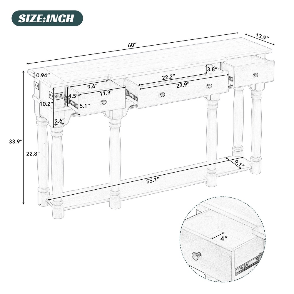 New Retro Style Console Table with 3 Storage Drawers and Bottom Shelf  Entryway Table Sofa Table for Hallway  Living Room