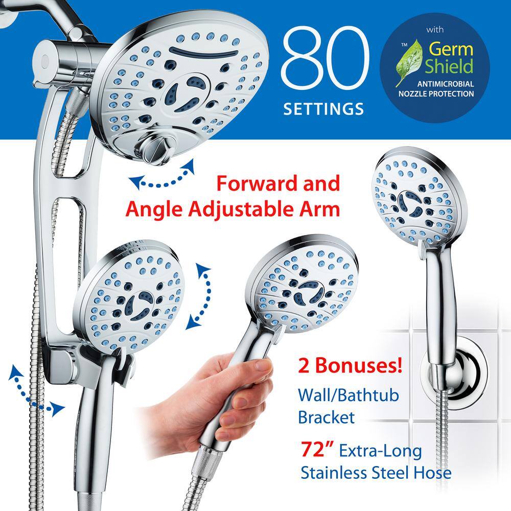 AQUACARE 80-Spray Patterns 2.5 GPM 7 in. Wall Mount Dual Shower Heads and Handheld Shower Head Antimicrobial in Chrome 53566