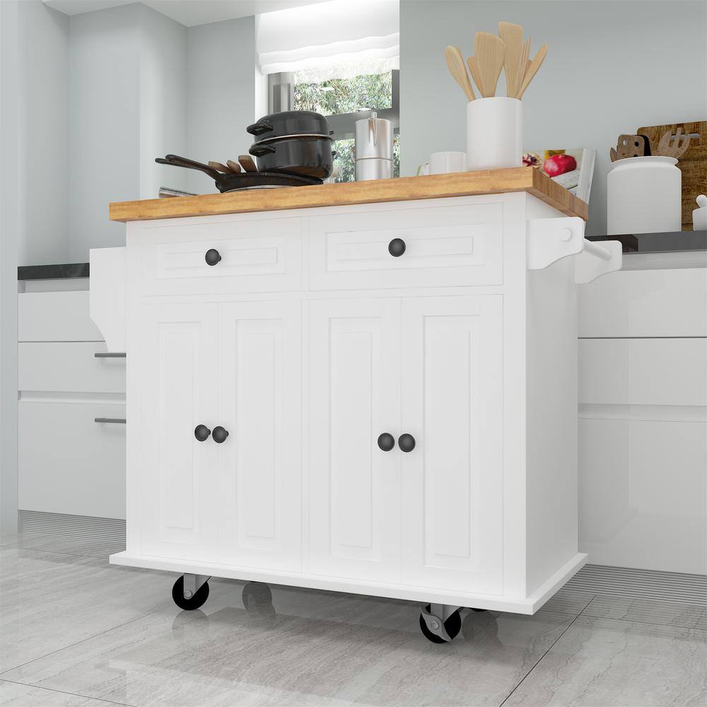 Whatseaso 43.31 in. Kitchen Island with Two Storage Cabinets and Two Locking Wheels in White LQ-110511114