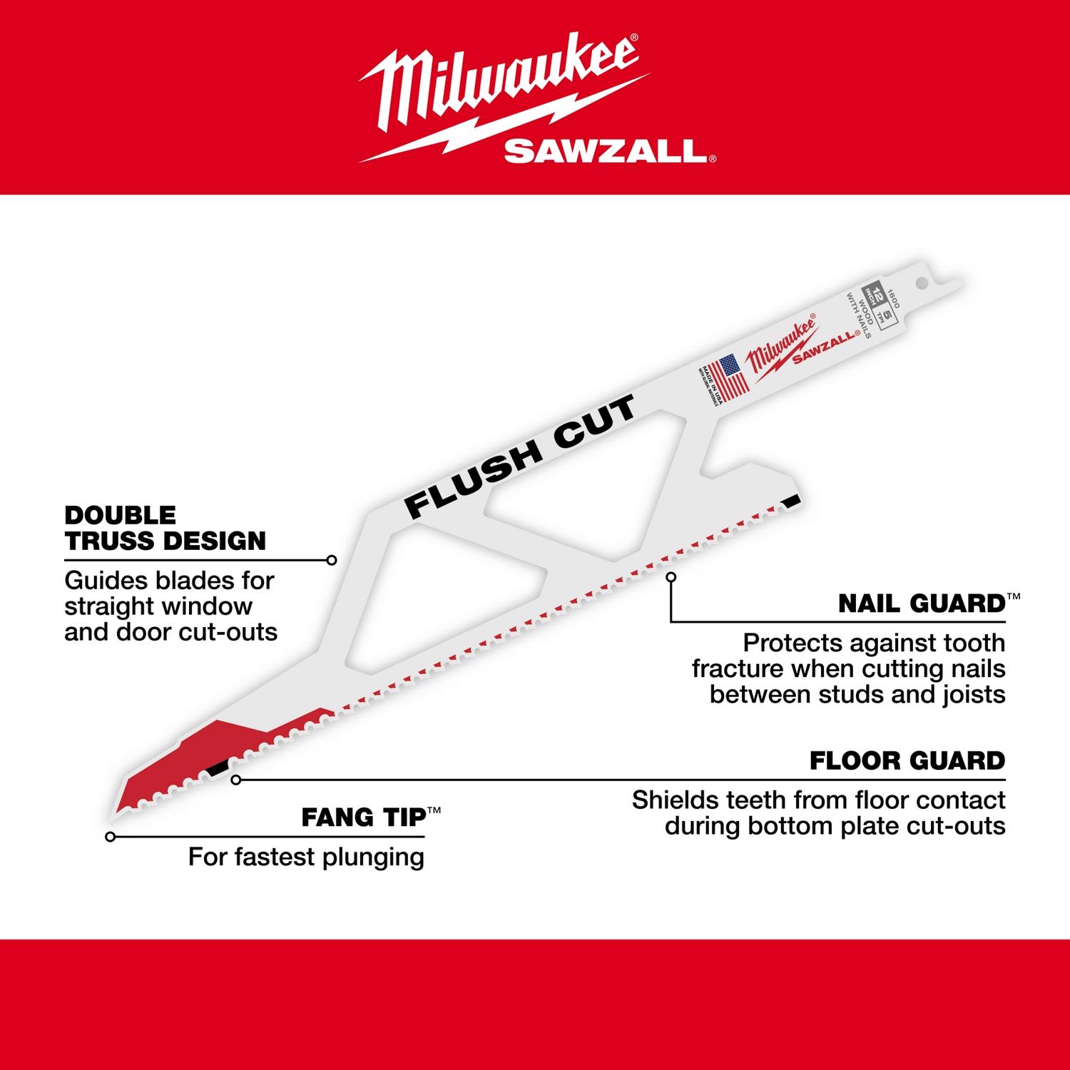 MW SawZall 12 in. Bi-Metal Flush Cutting Reciprocating Saw Blade 5 TPI 1 pk