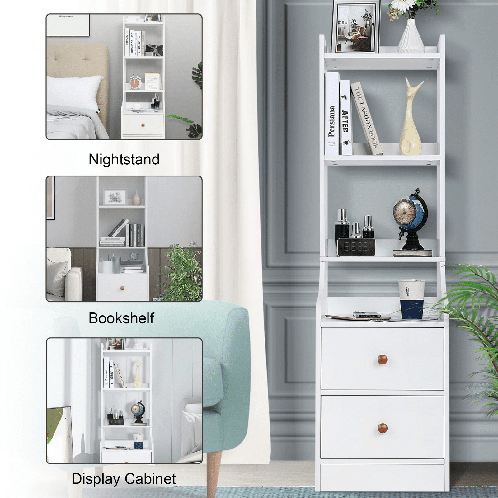 SEJOV White Nightstand with 2 Drawers Bedside Table Modern Night Stand with 4-Tier Open Shelves, Small Bookshelf for Bedroom, Living Room，Study Room，Home Office