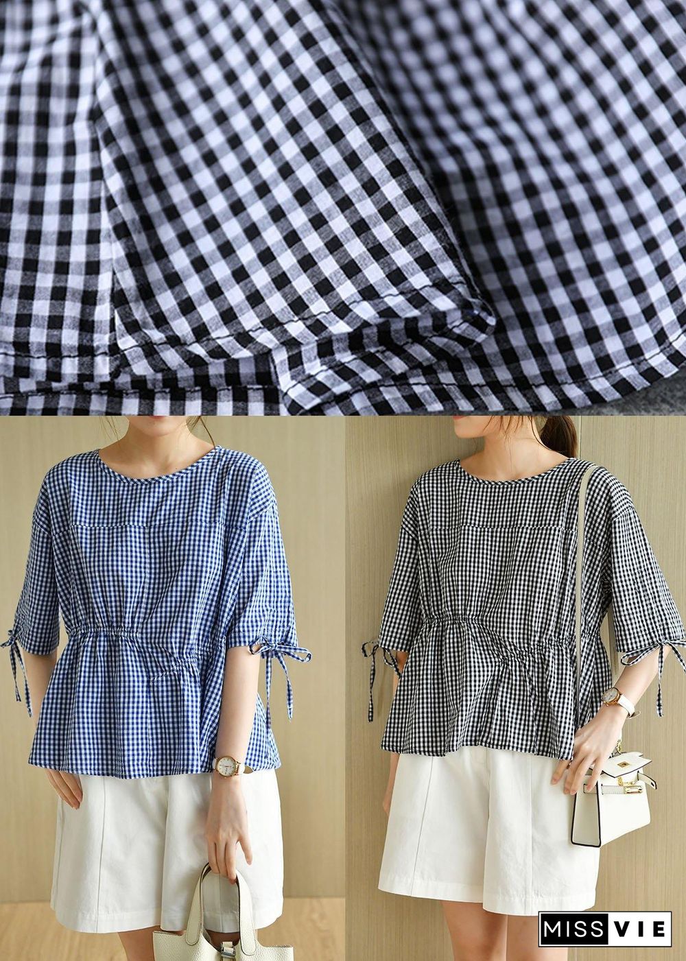 French Blue Plaid Patchwork Drawstring Summer Cotton Half Sleeve Blouse Top