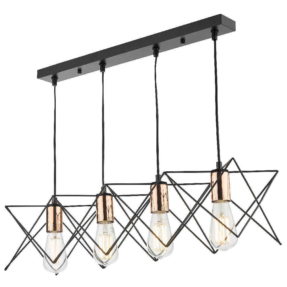 DAR MID0422 Midi Matt Black & Copper Vintage Geometric 4 Lamp Bar Pendant