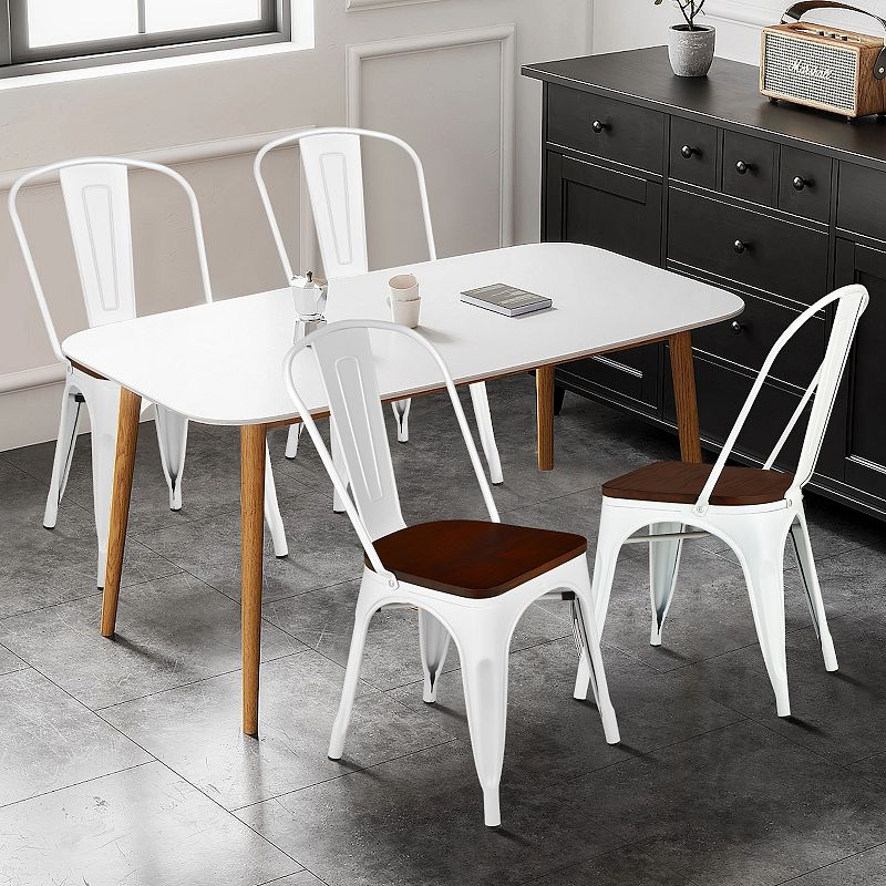 Set of 4 Tolix Style Metal Dining Wood Seat-White