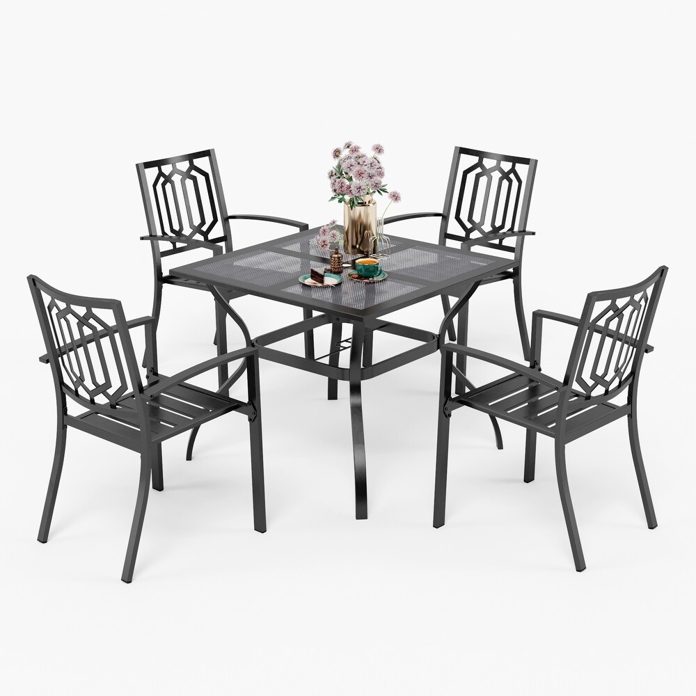 5 Piece Patio Metal Dining Set with 4 Armrest Chairs and Steel Frame Slat Larger Square 37\