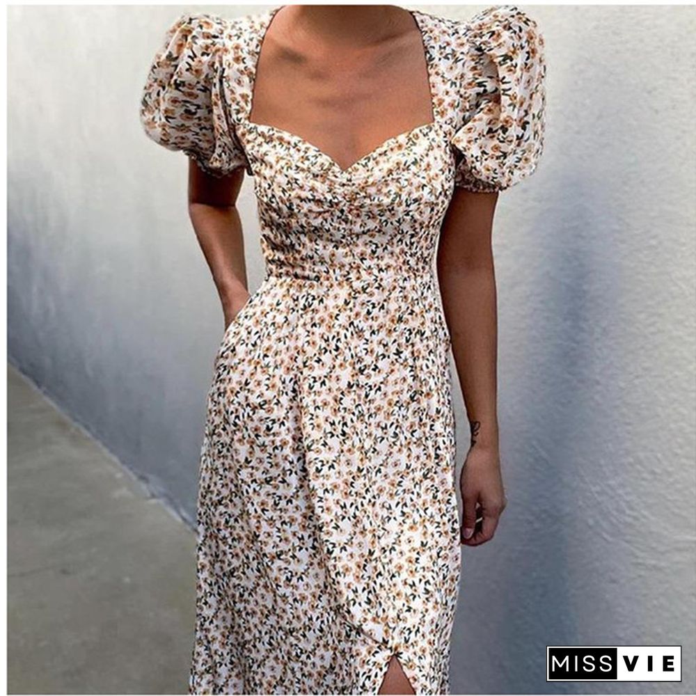 Women Clothing Summer Sexy Fashion Bubble Sleeve Floral Lace-up High Split Long Dress Vestdio Vintage Korean Elegant Party Dress