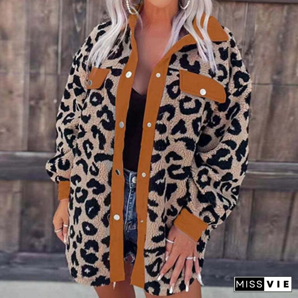 Vintage Leopard Patchwork Women Autumn Coats Casual Long Sleeve Lapel Single Breasted Jacket Ladies Fashion Loose Office Jackets