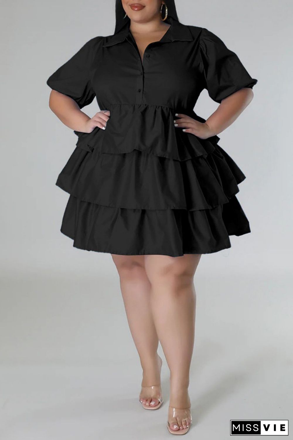 Black Casual Solid Patchwork Turndown Collar Cake Skirt Plus Size Dresses