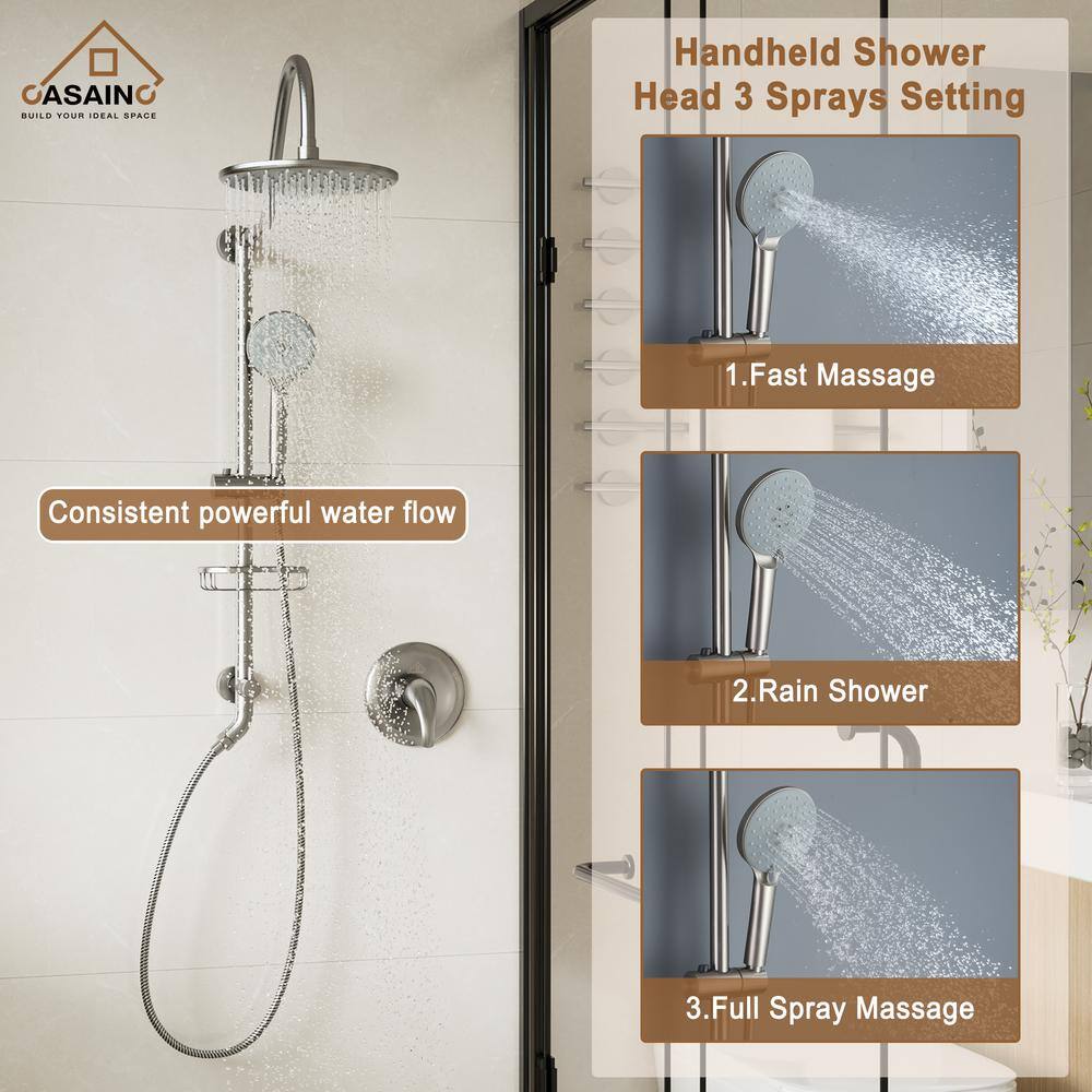 CASAINC 3-Spray Patterns 2.5GPM Round 10 in. Wall Bar Shower Kit with Hand Shower and Slide Bar in Brushed Nickel CS19S101BN