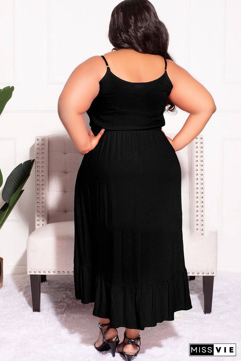 Black Plus Size Spaghetti Straps Buttoned Ruffle Midi Dress