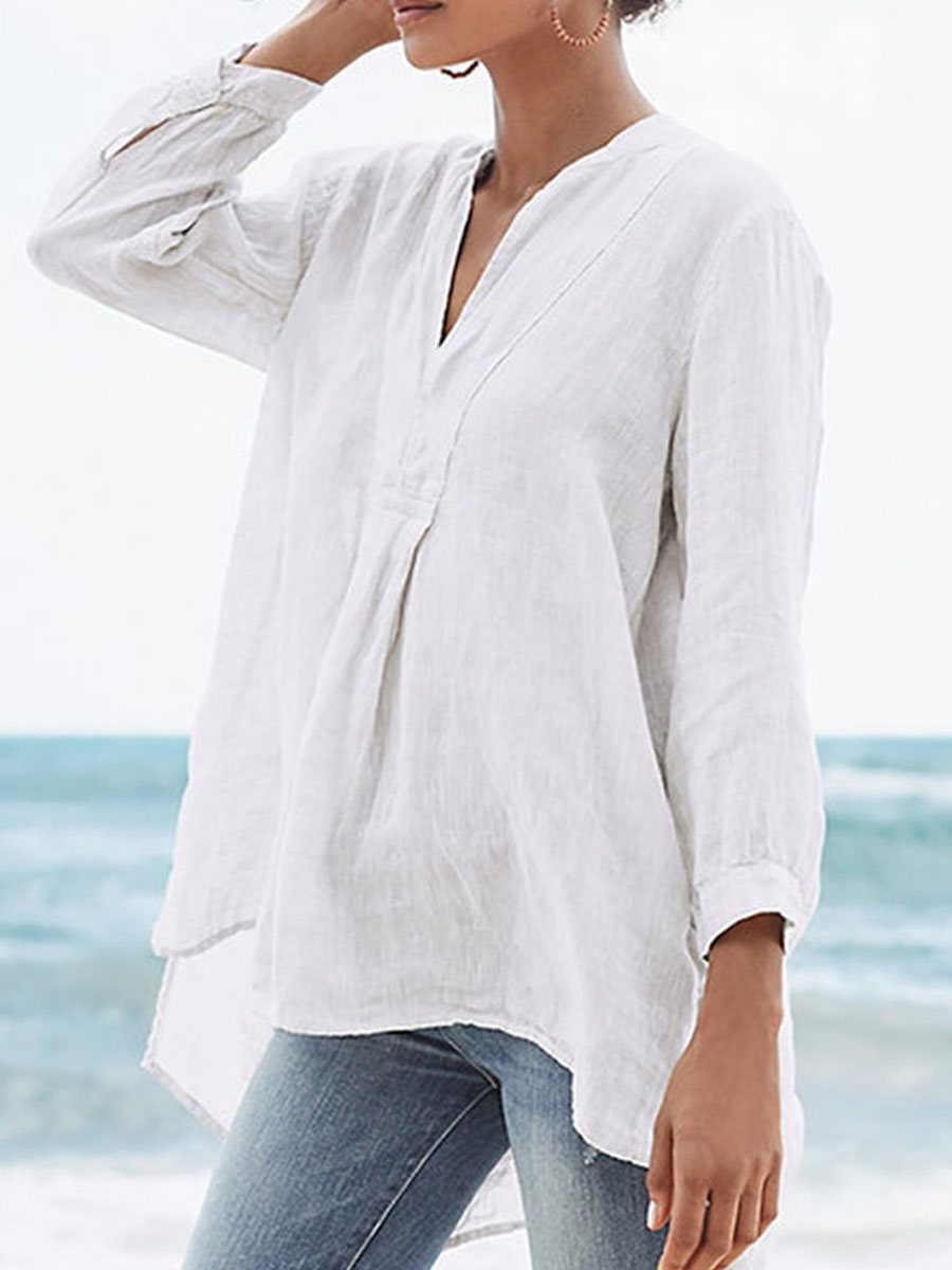 V-neck Loose Casual Solid Color Long-sleeved Blouse