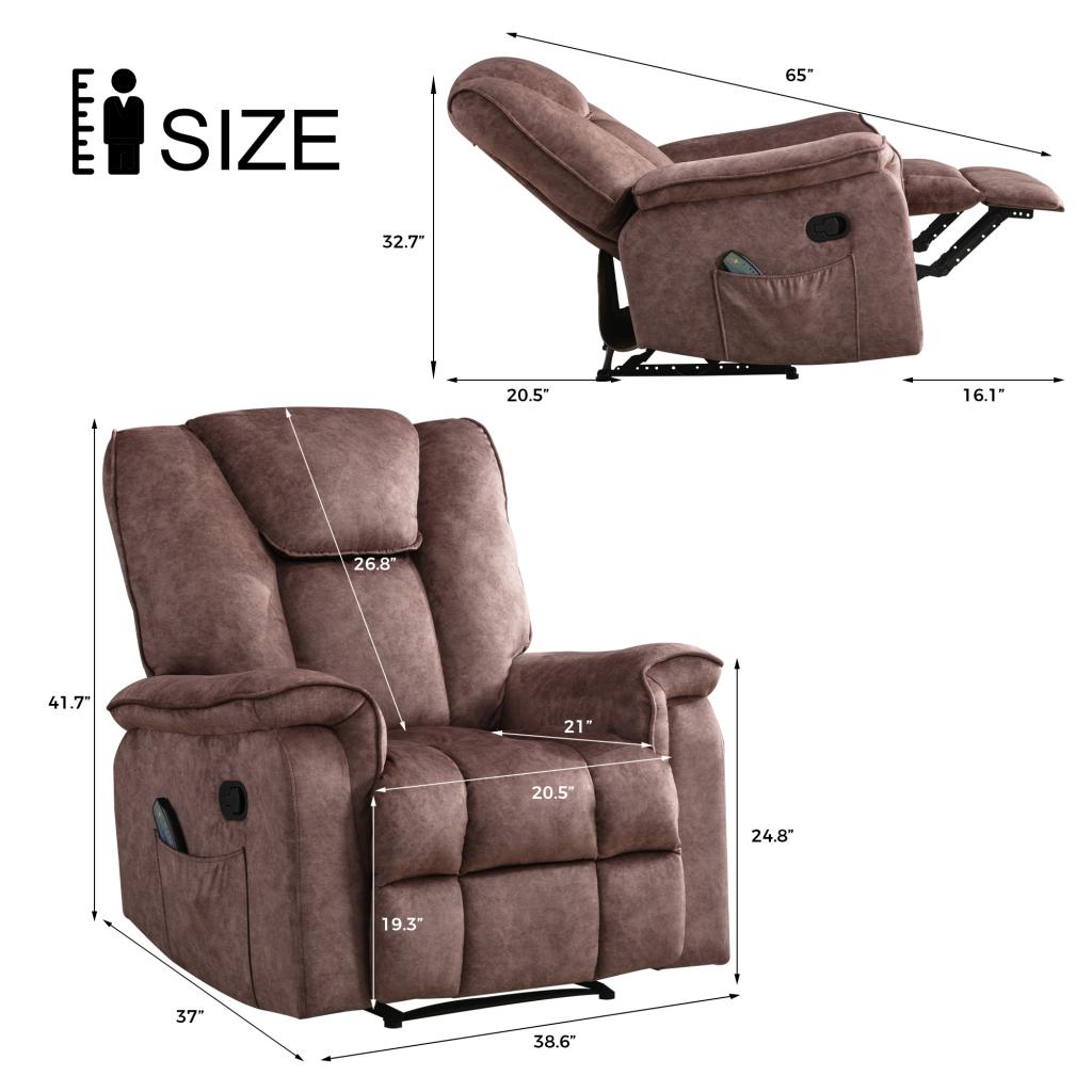 BTMWAY Recliner Chair, Manual Recliner Couch with Vibration Massage, Rocking Function and Heating System, Velvet Fabric Reclining Sofa with Side Pockets, Ergonomic Massage Lounge for Elderly, Brown