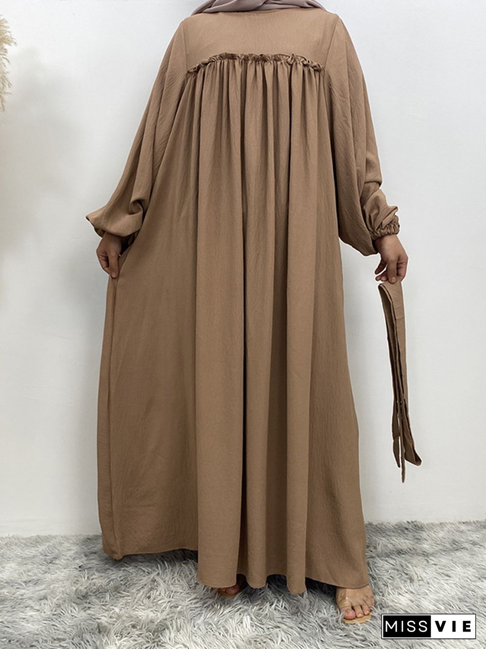 Bishop Sleeve Long Sleeves Elasticity Muslim Pleated Solid Color Split-Joint Tied Waist Round-Neck Maxi Dresses