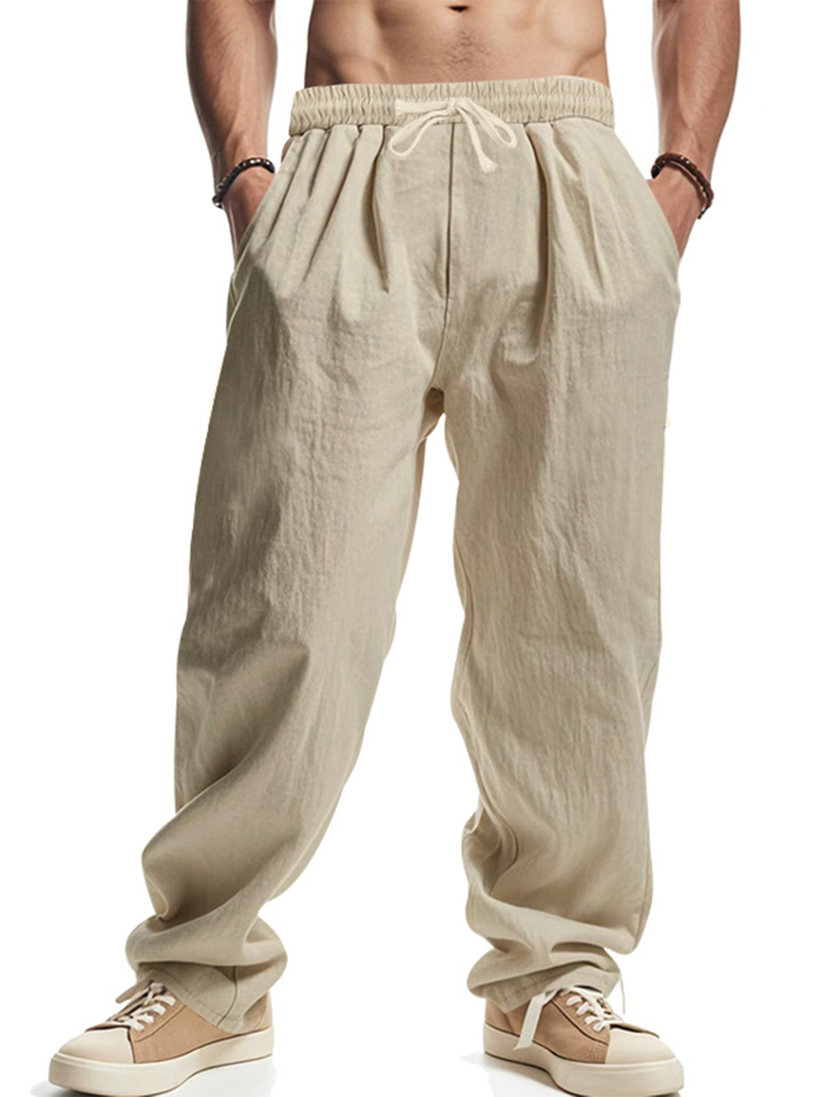 Men's Daily Casual Loose Linen Drawstring Solid Color Trousers