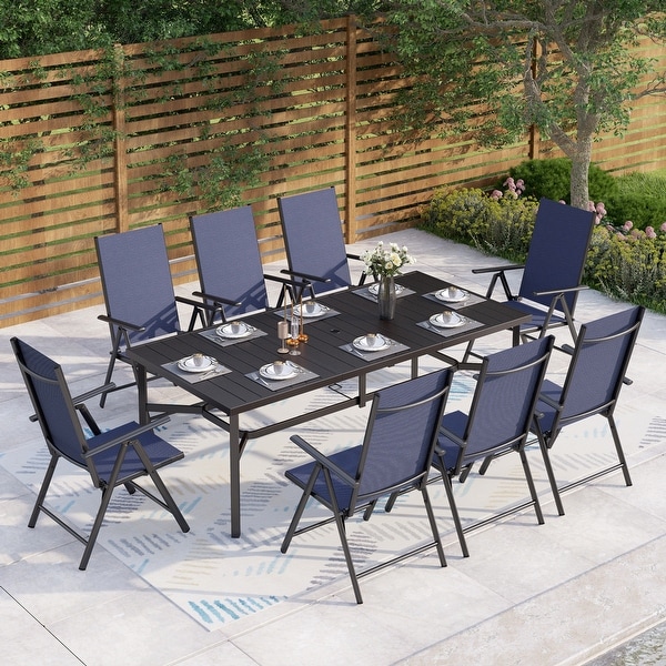 9Piece Patio Dining Set，Metal Table and Foldable Sling Dining Chairs with 7 Levels Adjustable