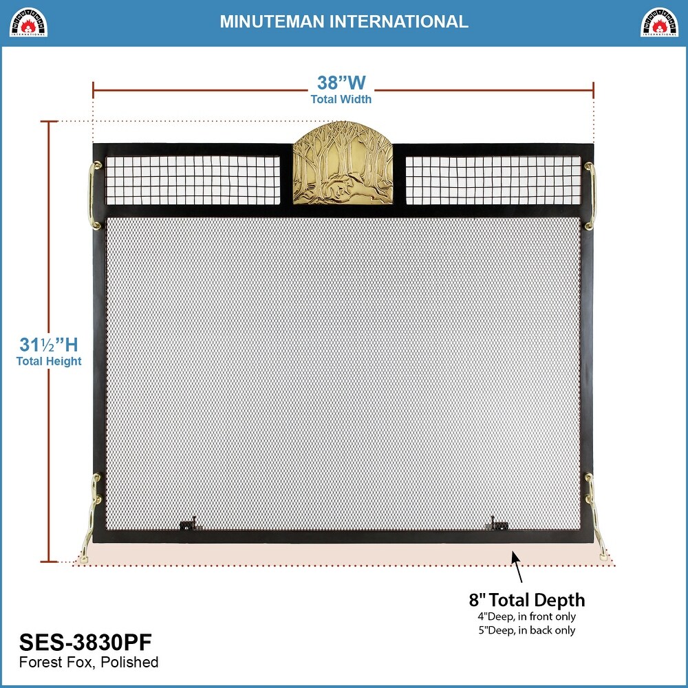 Minuteman International Forest Fox Emblem Fireplace Screen  38 Inch Long  Polished Brass and Matte Black