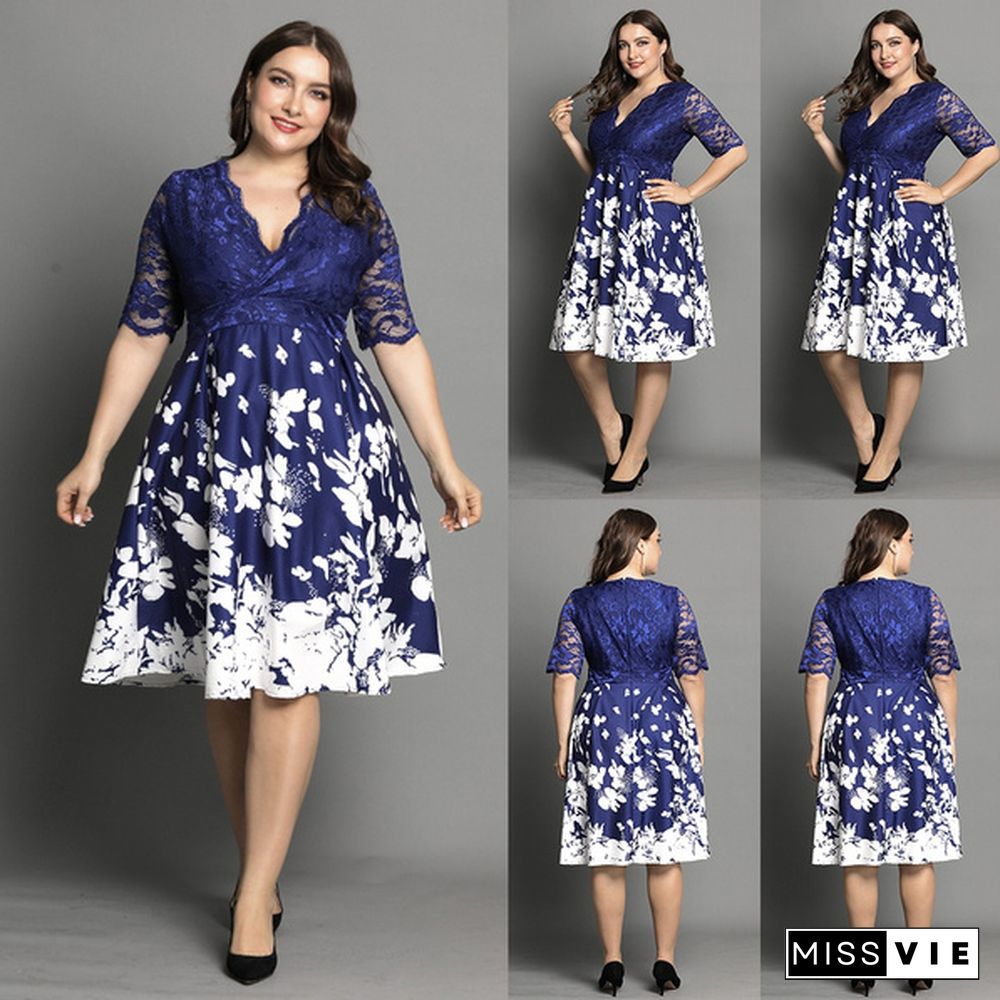 Plus Size Ladies Dress Short Sleeve Sexy Lace Print Dress Gradient Color Dress Fashion Dress