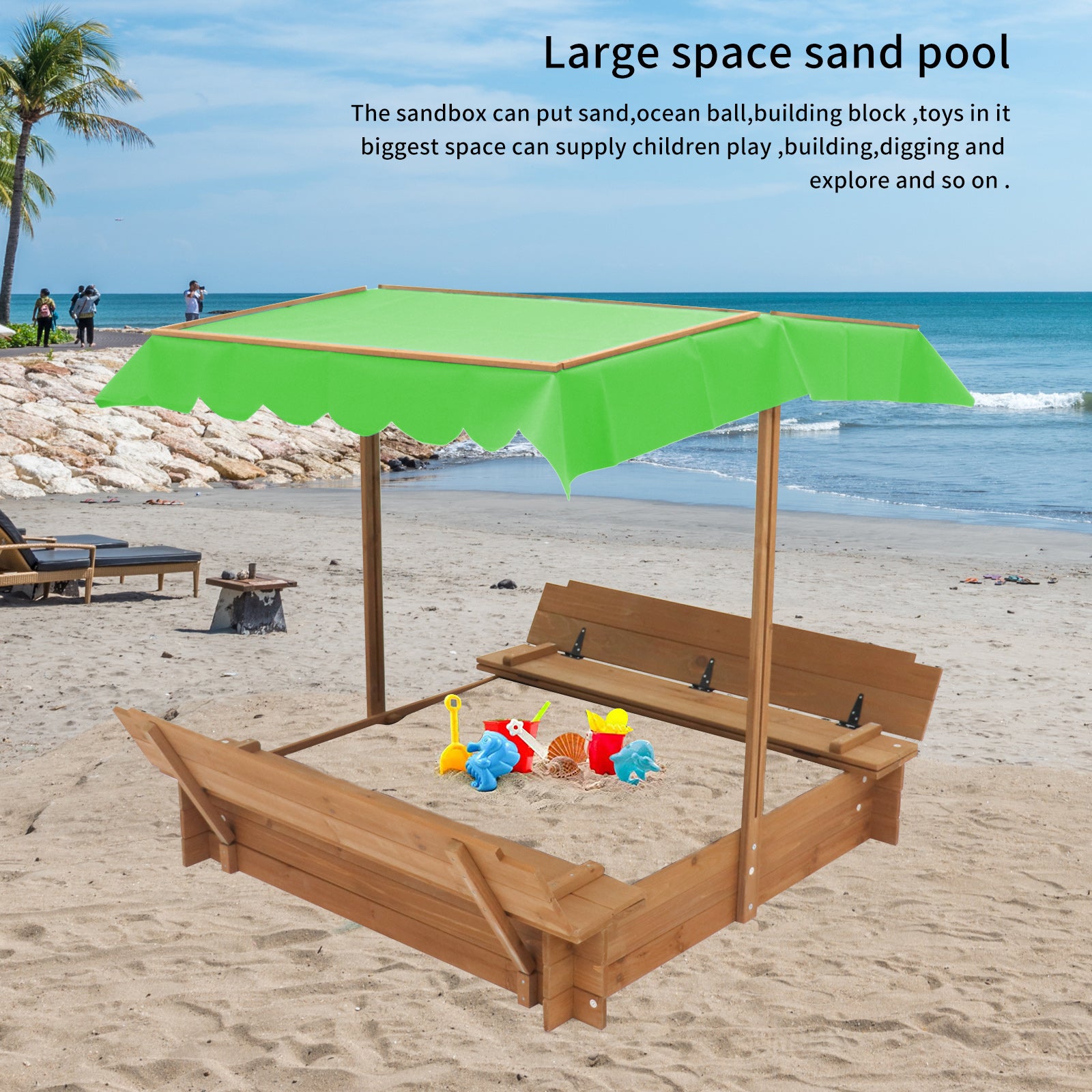 iRerts Kids Sandbox with Cover， Wooden Sandbox Children Outdoor Sand Play Station， Outdoor Sandbox with Foldable Bench Seats， and Adjustable Canopy， Sand Pit for Beach Patio Backyard Garden， Green