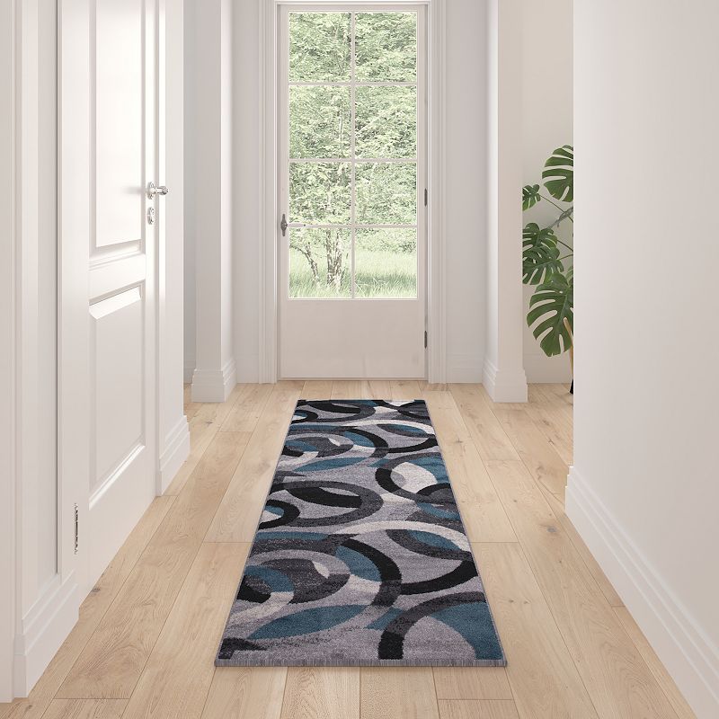 Masada Rugs Masada Rugs， Thatcher Collection Accent Rug with Interlocking Circle Pattern in Blue/Grey with Olefin Facing and Natural Jute Backing - 2'x7' Runner