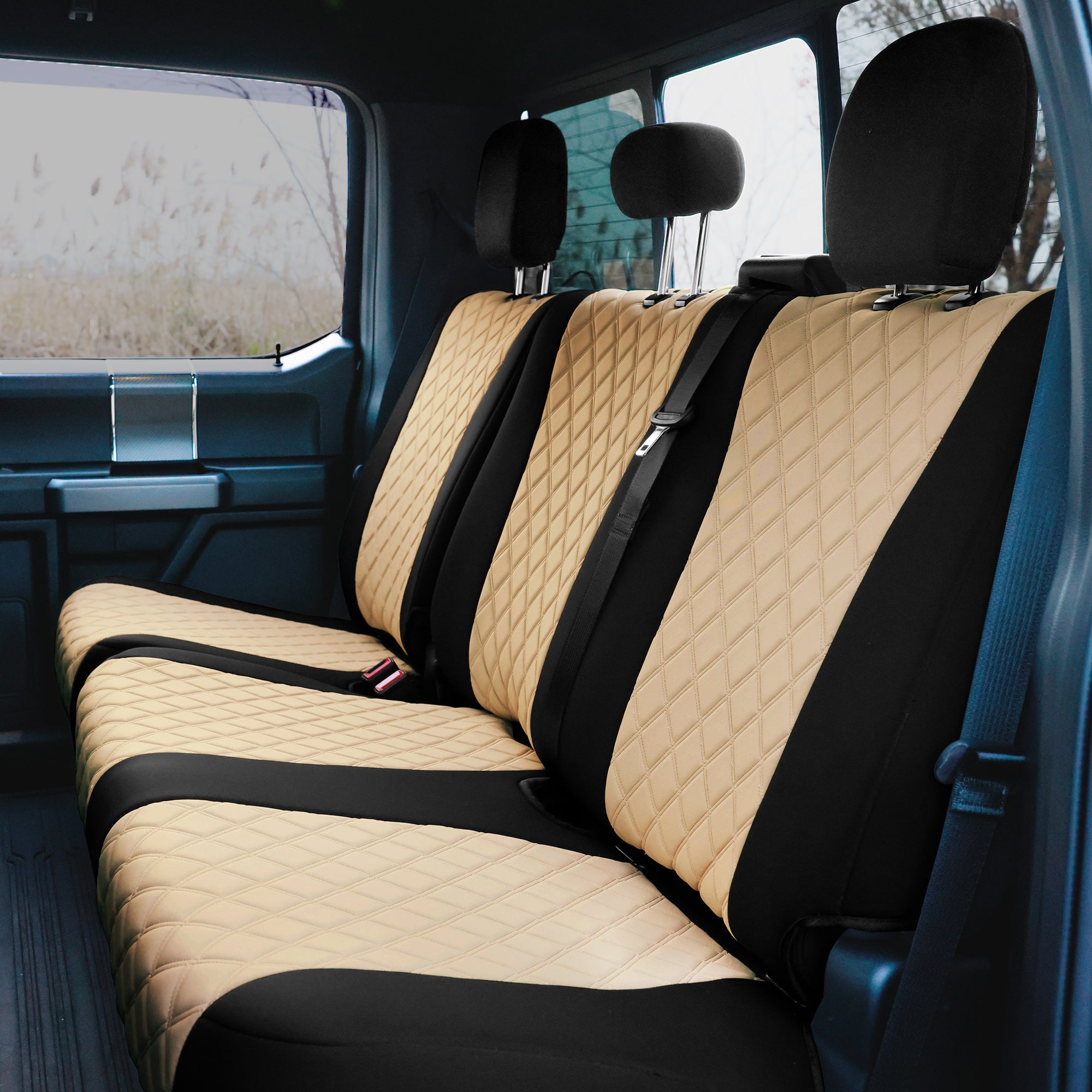 TLH Beige Full Set Neosupreme Custom Fit Seat Covers for 2015-2020 Ford F150 XLT | Lariat | Raptor with Water Resistant Neoprene Insert