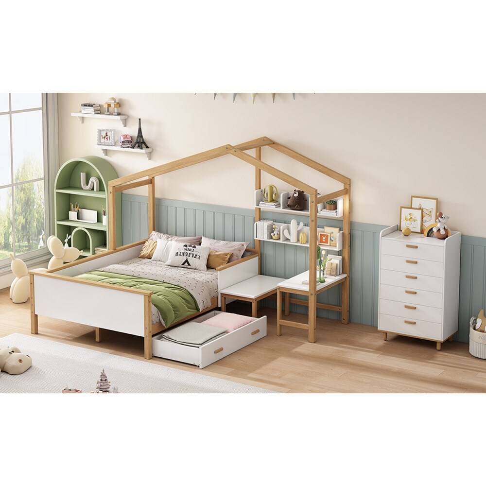 2 Pieces Bedroom Sets Full Size Wooden House Bed with Desk and 6 Drawer Chest  Platform Bed w/ Drawer and Shelves for Kids' Room