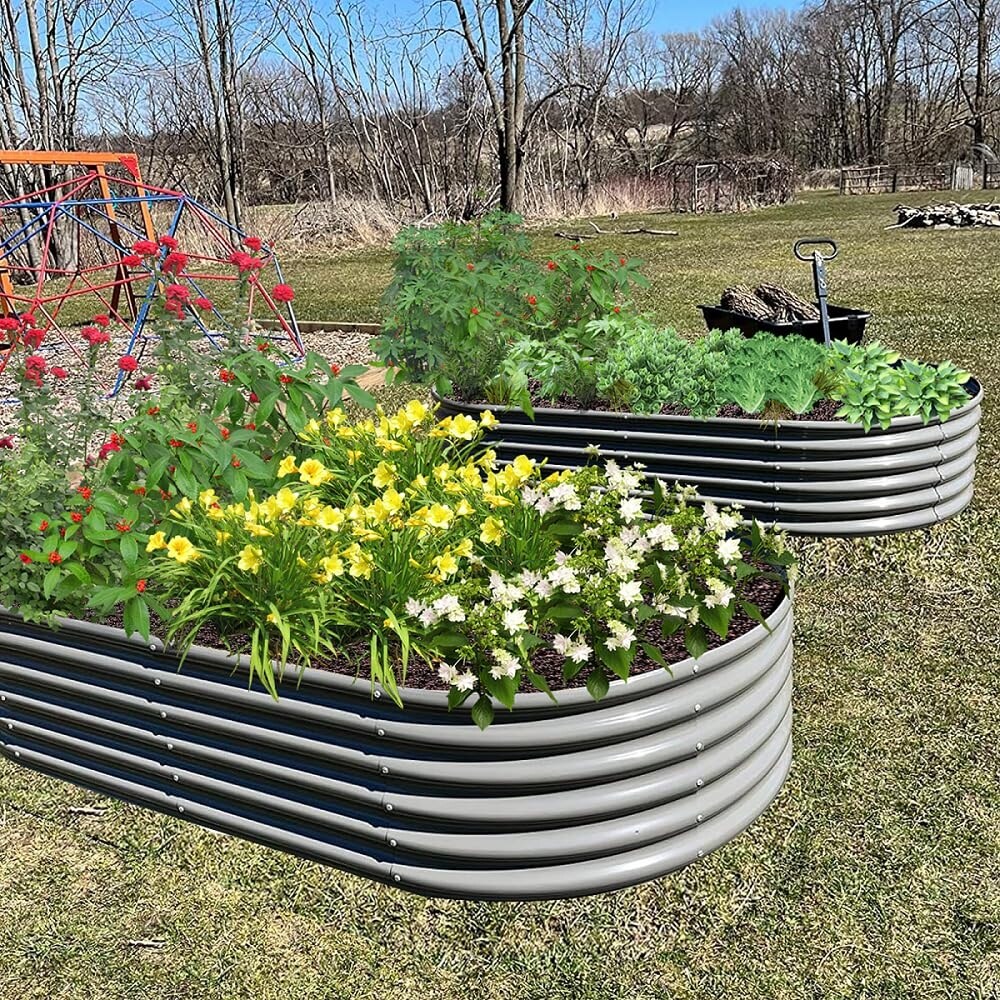 Outdoor 6 ft. x 2 ft. x 1.5 ft. Oval Metal Anti Rust Raised Garden Bed in Gray For Vegetables and Flowers