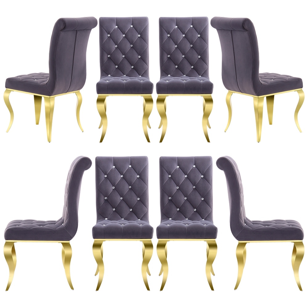 Luxury Gray Velvet Tufted Upholstered Dining Chairs with Polished Gold Cabriole Legs