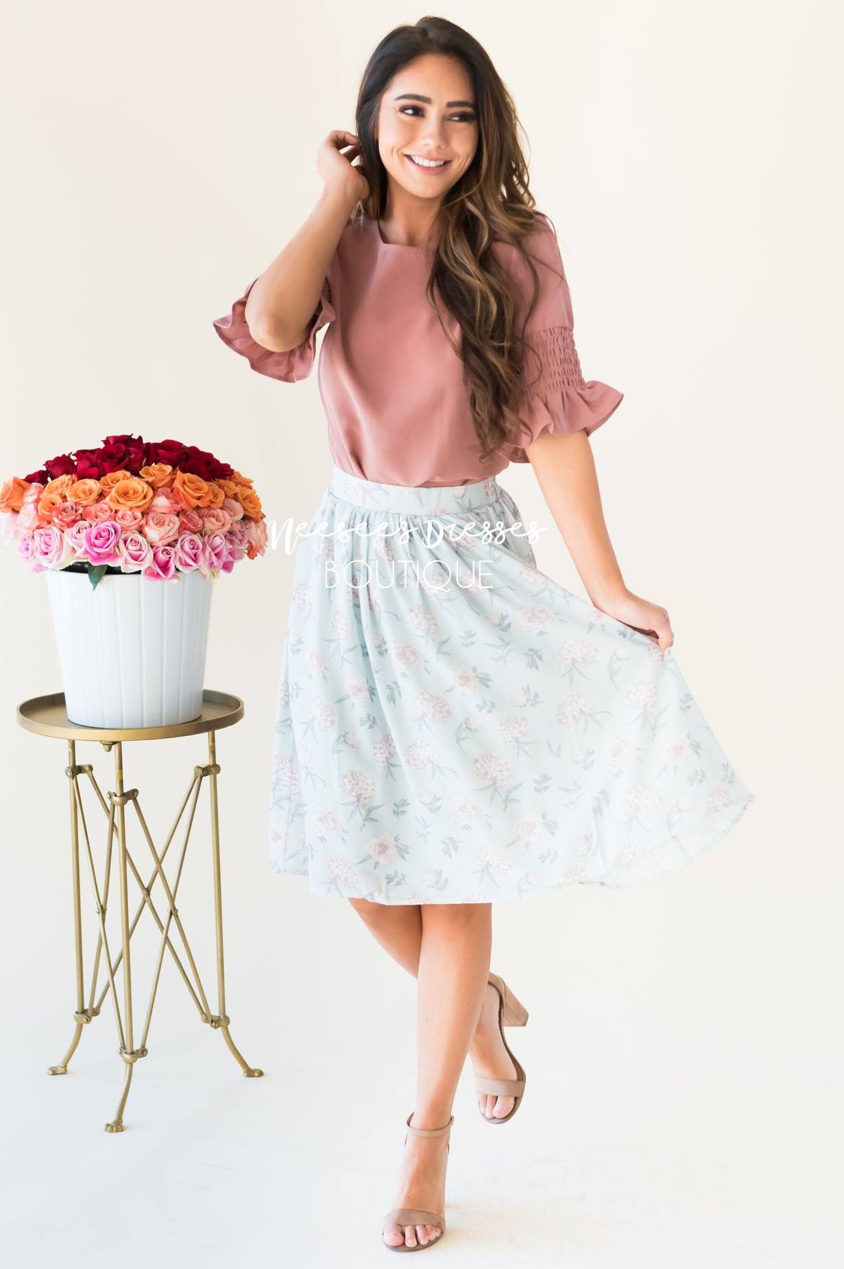 Pastel Blue Floral Chiffon Skirt