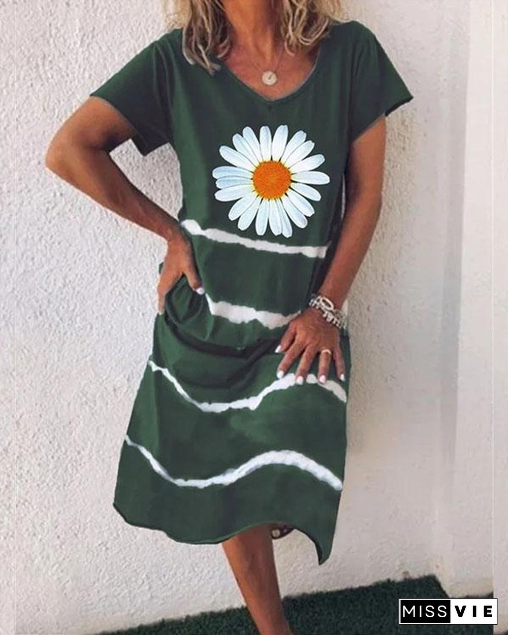 Women Flower Stripe V Neck Short Sleeve Midi Dress