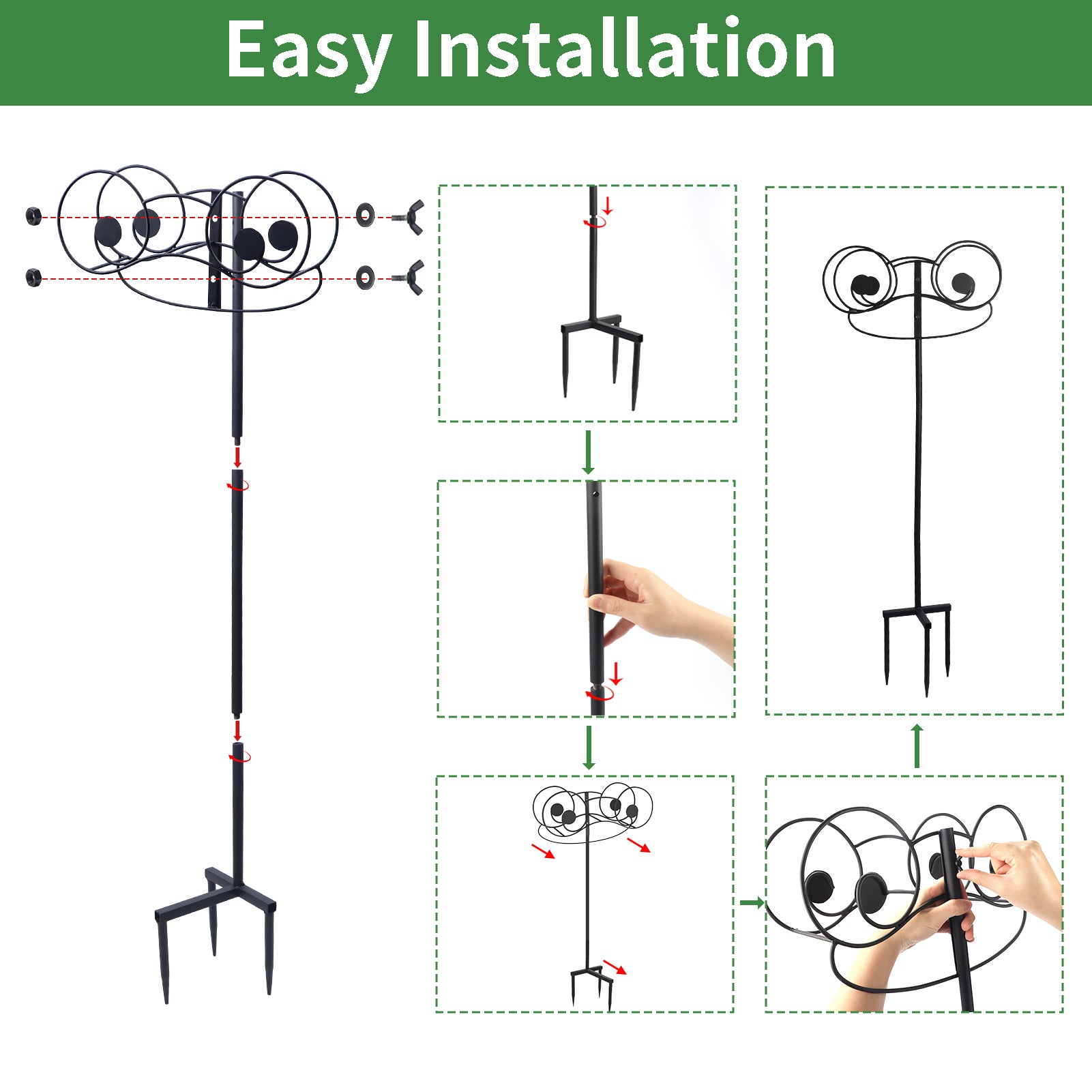 Garden Hose Holder with 2 Spikes for 26 lb Hose， Freestanding Water Hose Holder for Outside Yard Lawn， Black