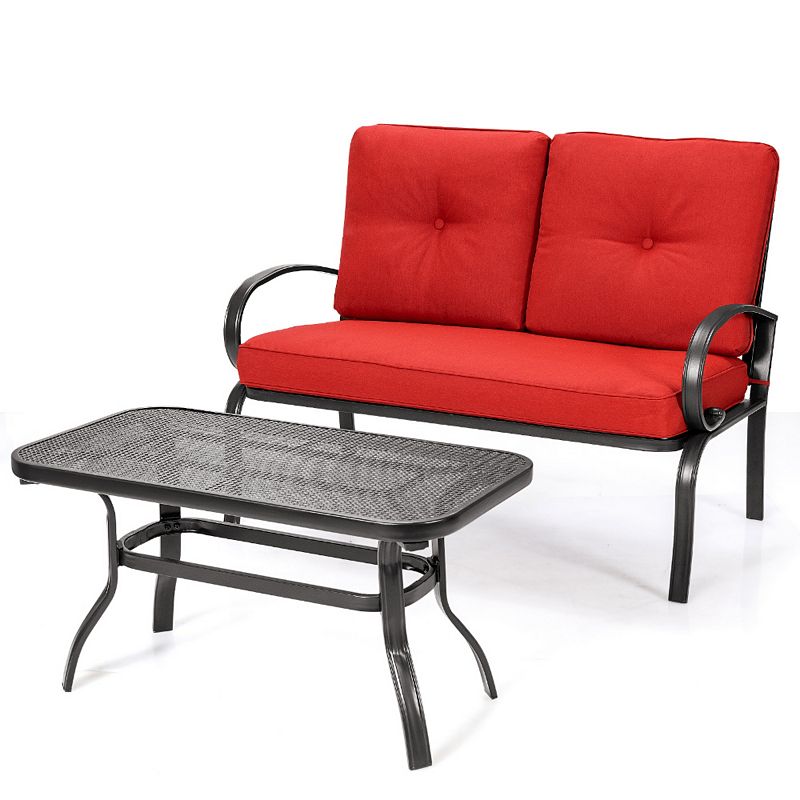 2 Pieces Patio Outdoor Cushioned Coffee Table Seat