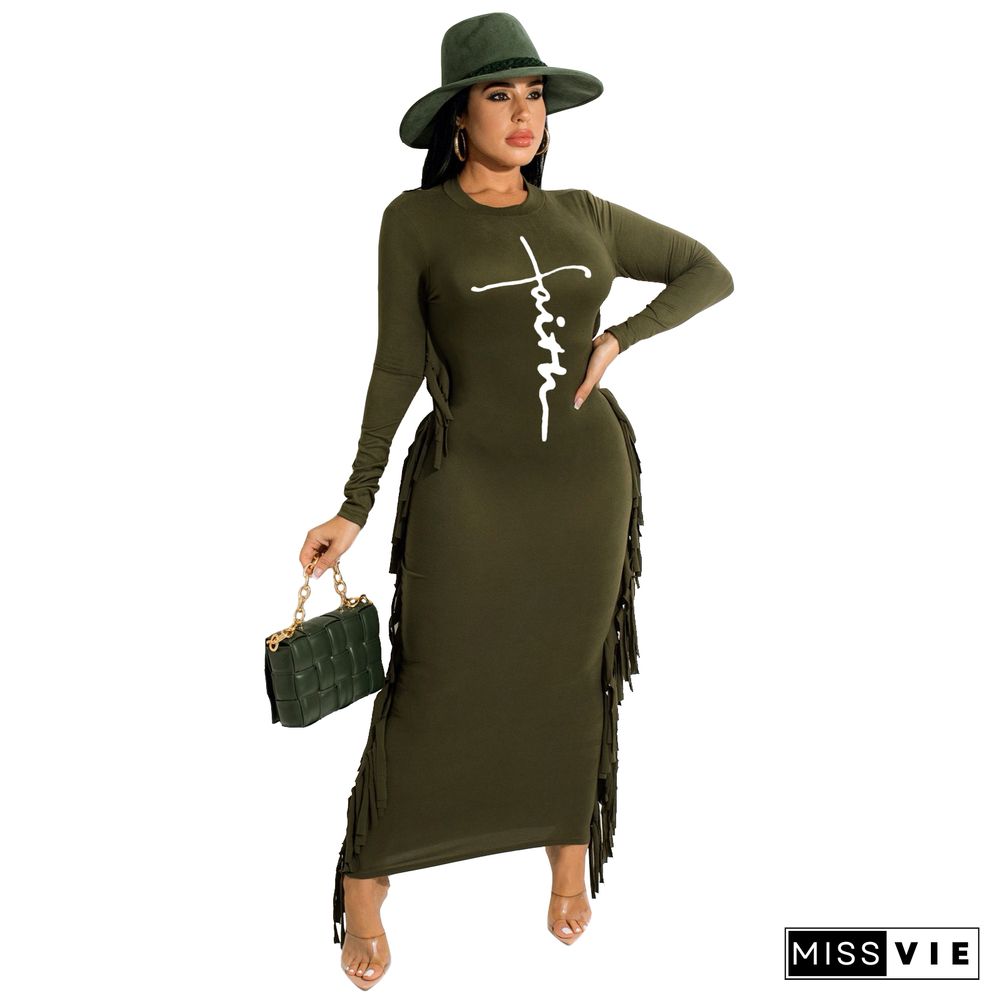 Letter Print Long Sleeve Side Tassel Skinny Maxi Dress