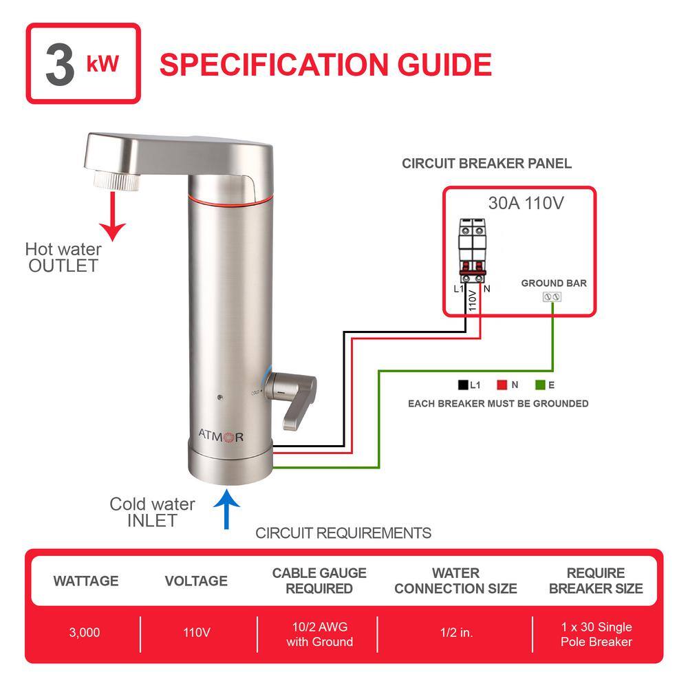 ATMOR HotTap 3kW 0.5 GPM 2-in-1 Electric Tankless Water Heater  Faucet AT-3TAP-HD