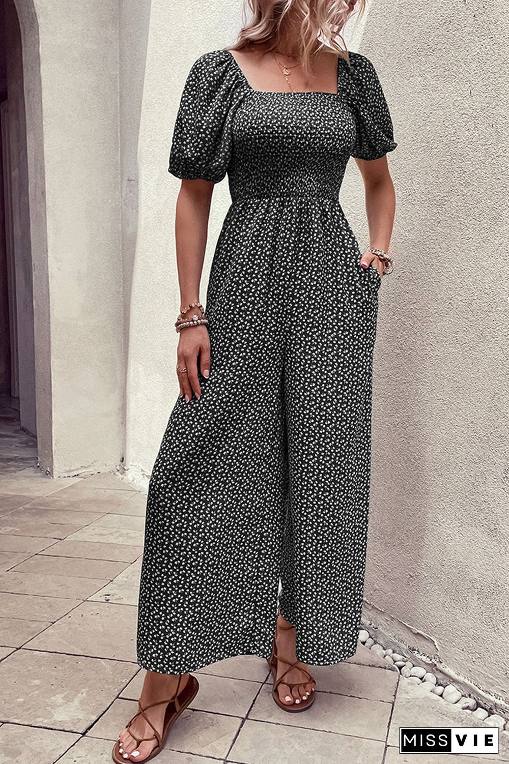 Printed Squared Neck Smocked Puff Wide Leg Jumpsuit