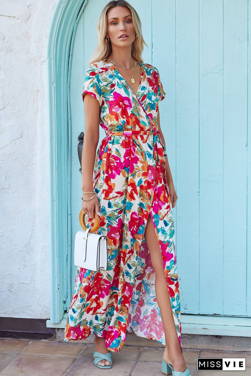 Rose Wrap V Neck Short Sleeve Floral Maxi Dress