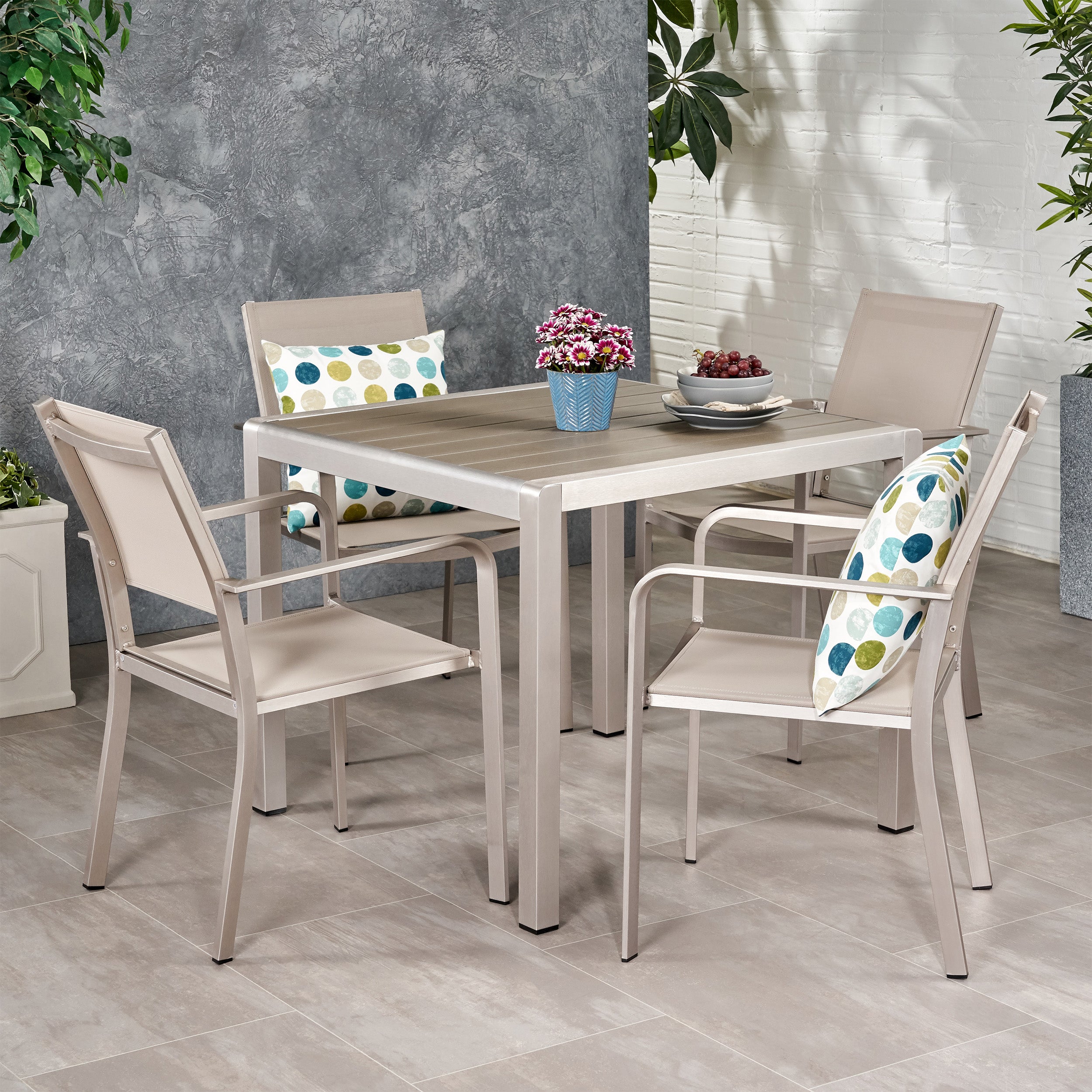 Rorik Outdoor Modern 4 Seater Aluminum Dining Set with Faux Wood Table Top