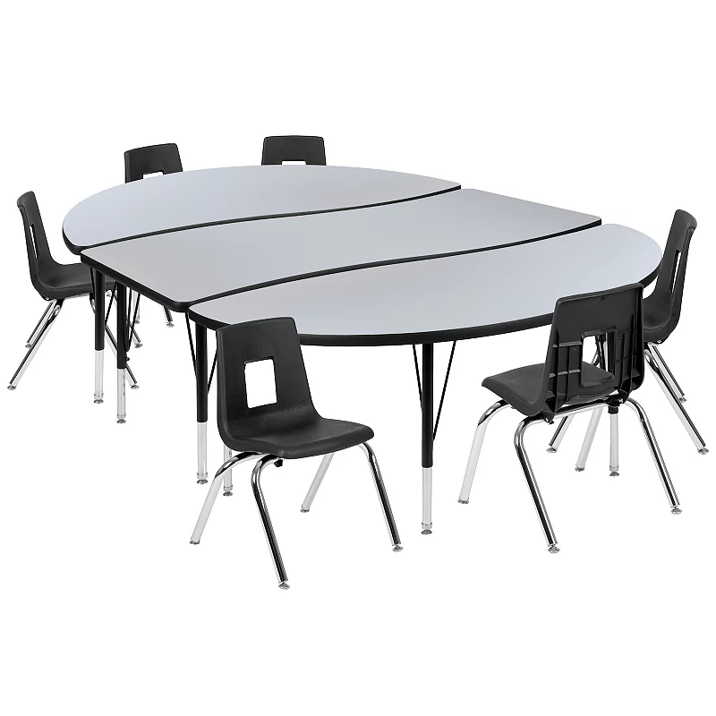 Emma and Oliver 86 Oval Wave Activity Table Set with 14 Student Stack Chairs， Oak/Black