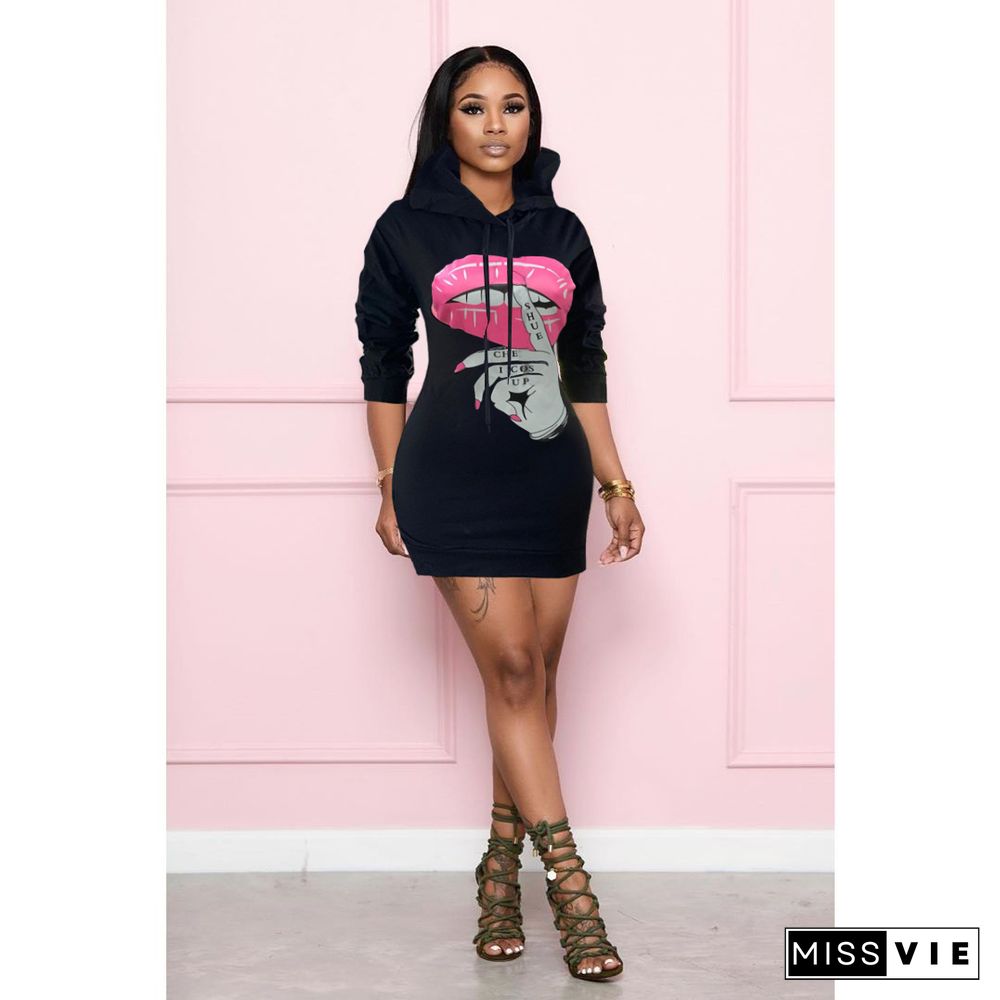 Autumn Long Sleeve Lip Gesture Printed Hoodie Dress