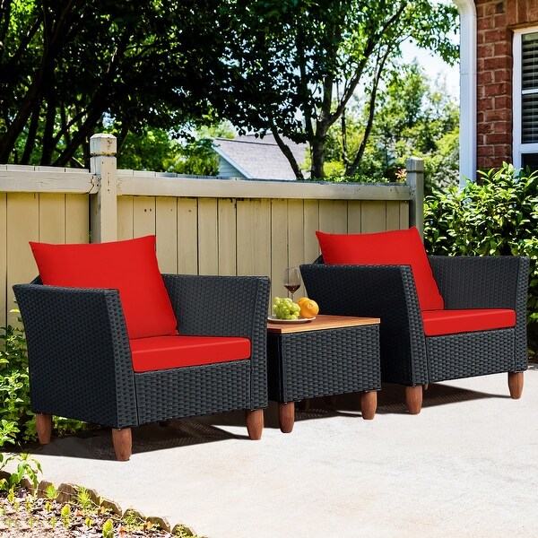 Gymax 3PCS Patio Rattan Conversation Furniture Set Yard Outdoor w/ Red