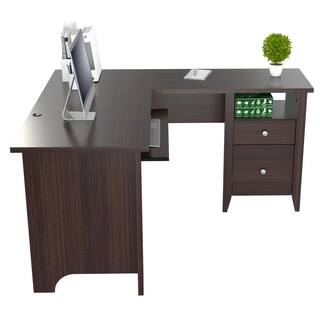 Inval 53.1 in. Espresso Wengue L-Shaped 2 -Drawer Computer Desk with Keyboard Tray ET-3815