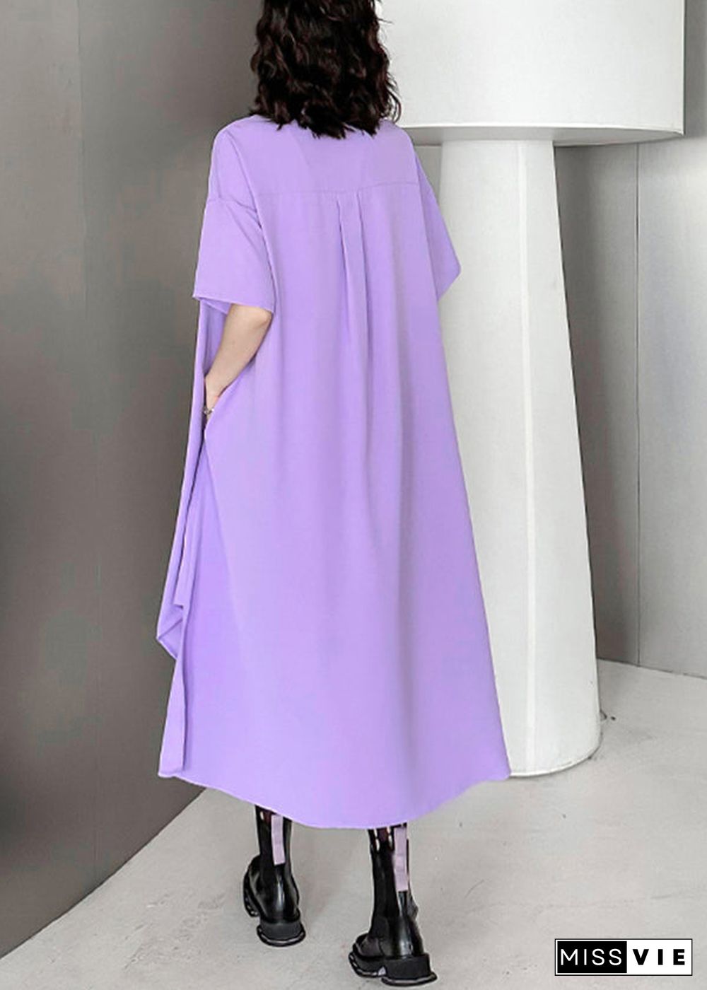 Unique Purple Asymmetrical Zippered Patchwork Chiffon Shirts Dresses Summer