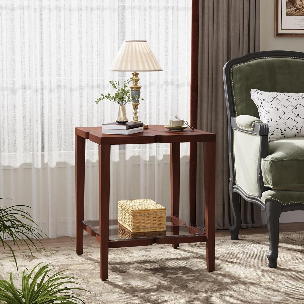 Wood Side Table  2 Tier End Table with Tempered Glass  Bedside Table