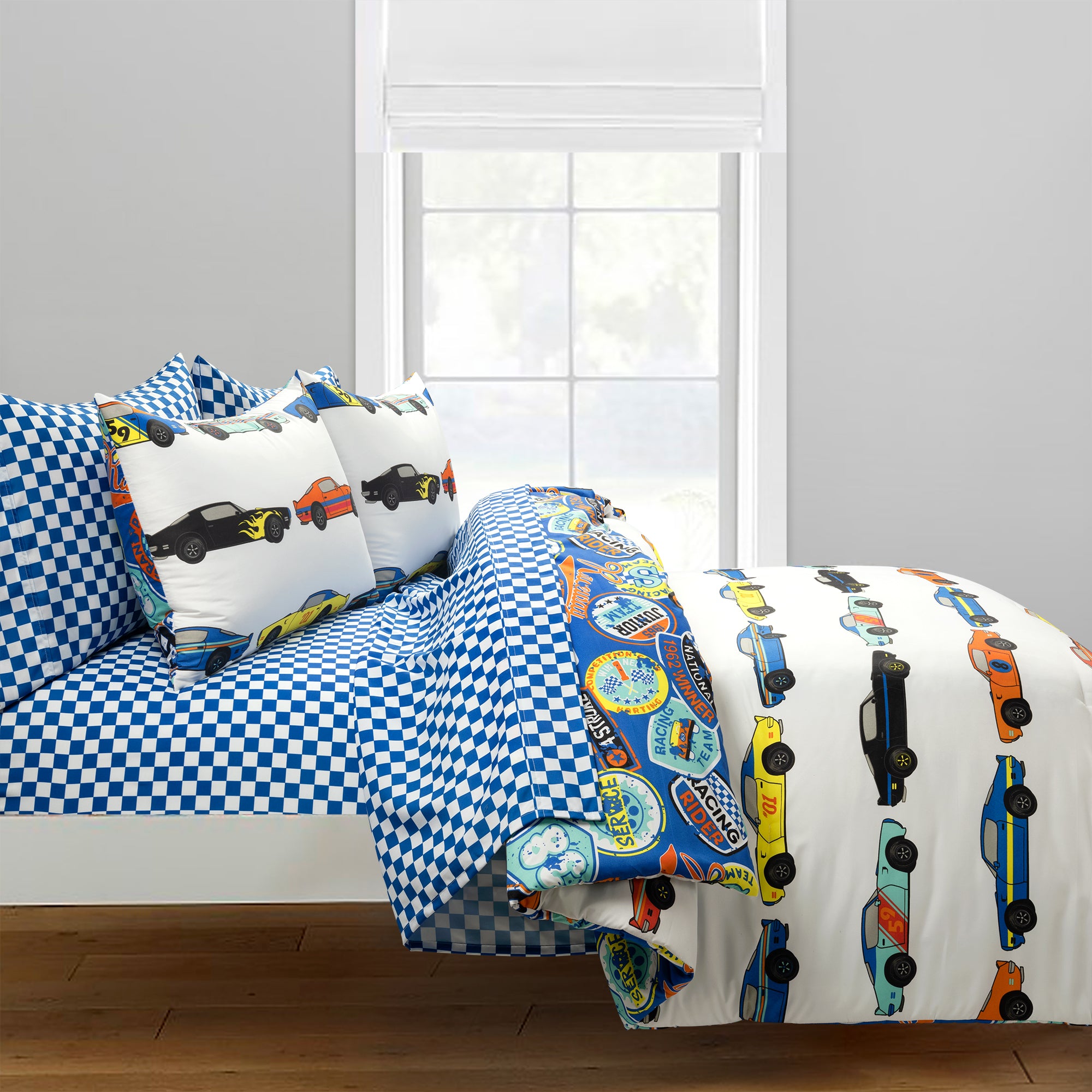 Race Cars Reversible Comforter Set + Sheet Set Combo