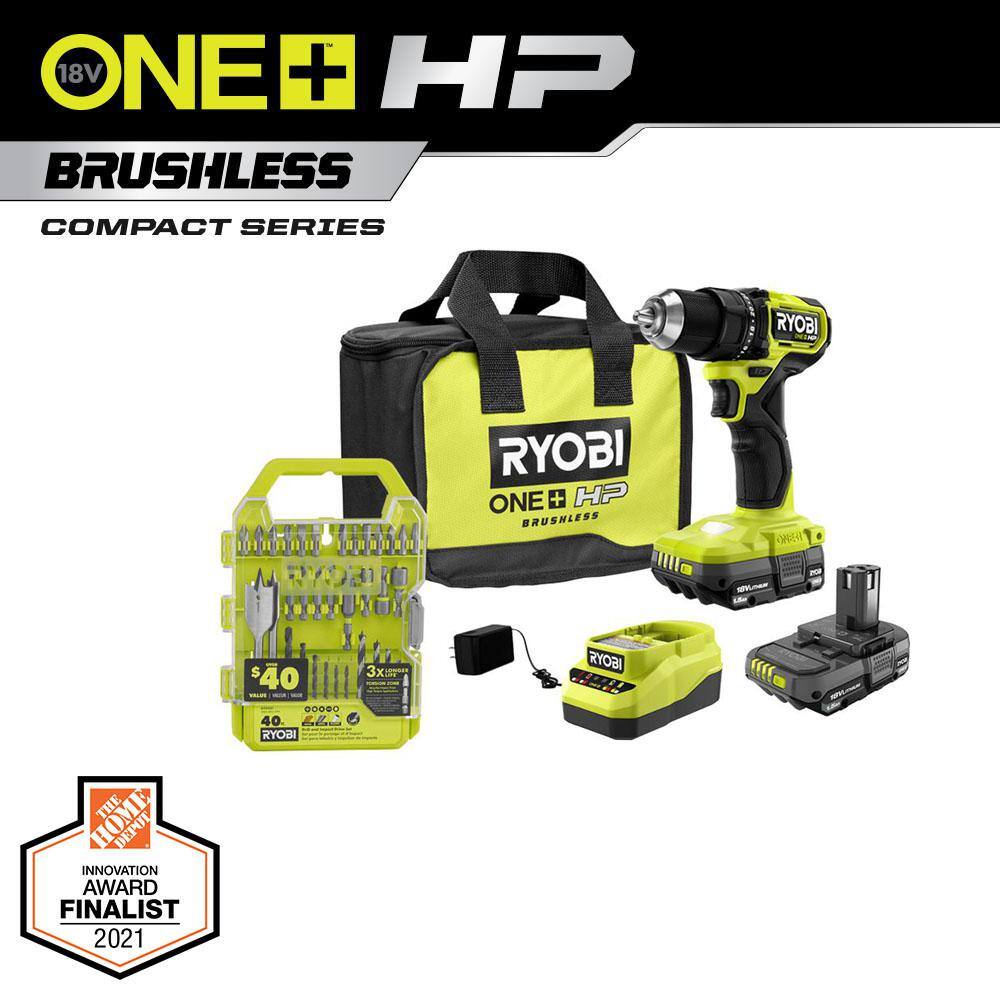 RYOBI ONE+ HP 18V Brushless Cordless Compact 12 in. DrillDriver Kit with (2) 1.5 Ah Batteries Charger Bag  40PC Bit Set PSBDD01K-A98401